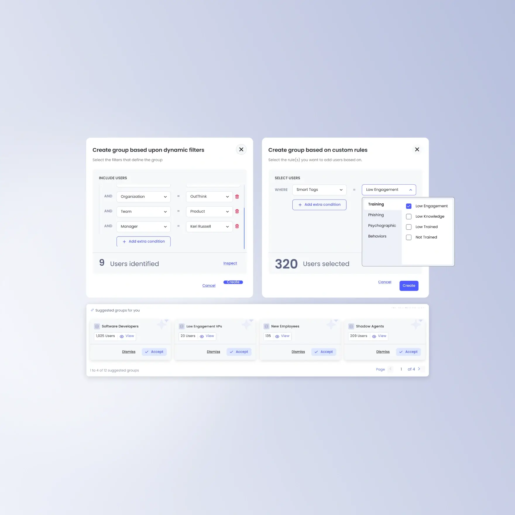 OutThink’s adaptive security awareness training dashboard for creating tailored workflows using dynamic filters and rules.